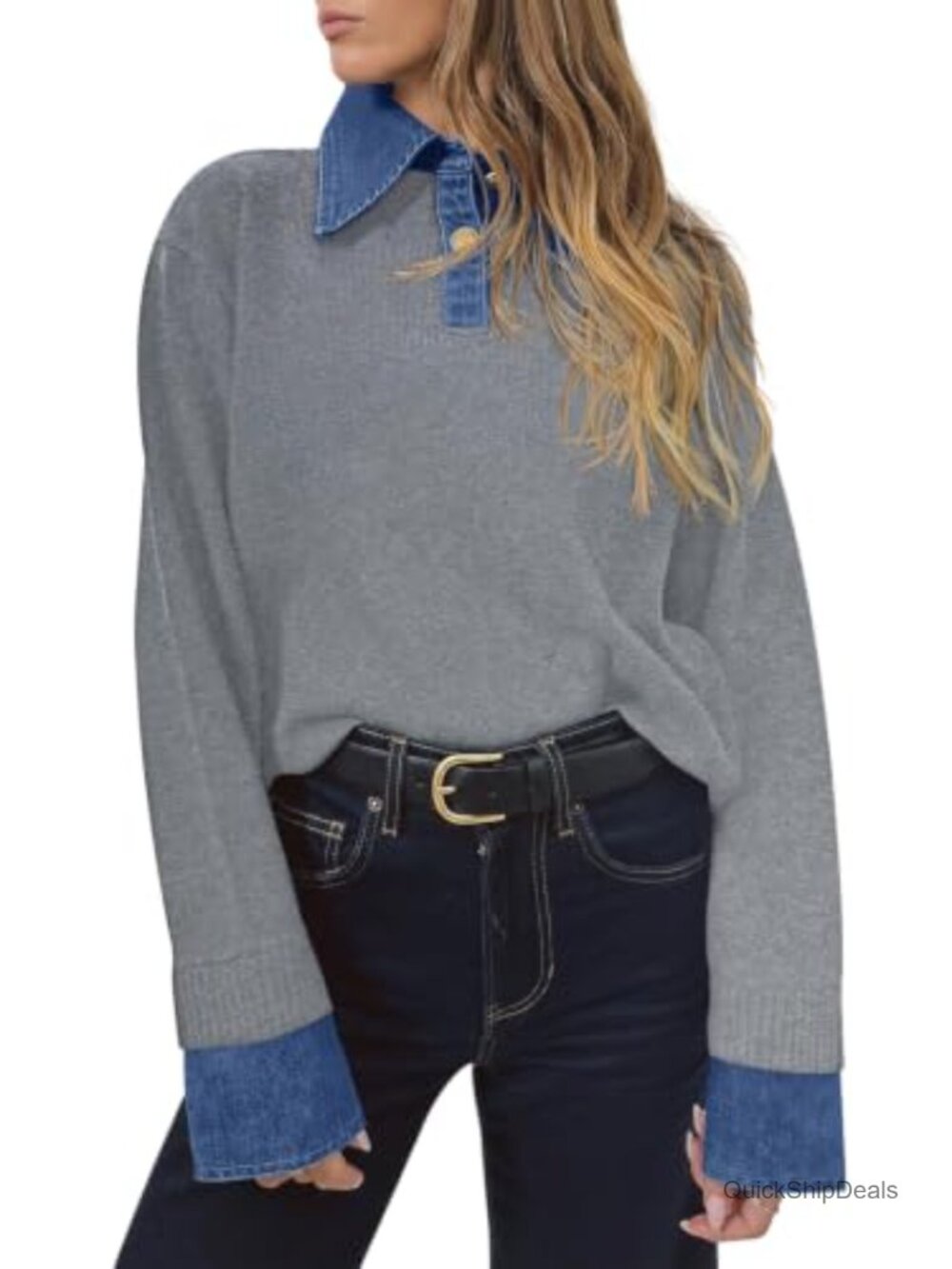Women's Denim Patchwork Sweater V Neck Polo Pullover Long Sleeve Button Up